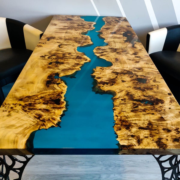 Turquoise river Mappa Burl table with laser cut legs