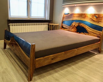 Blue river walnut epoxy queen size bed