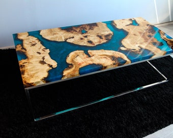 Live edge river turquoise metallic epoxy coffee table