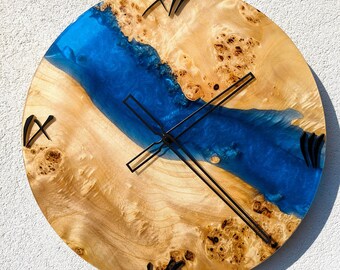 Available! Blue metallic epoxy resin wall clock mappa burl wood modern art clock