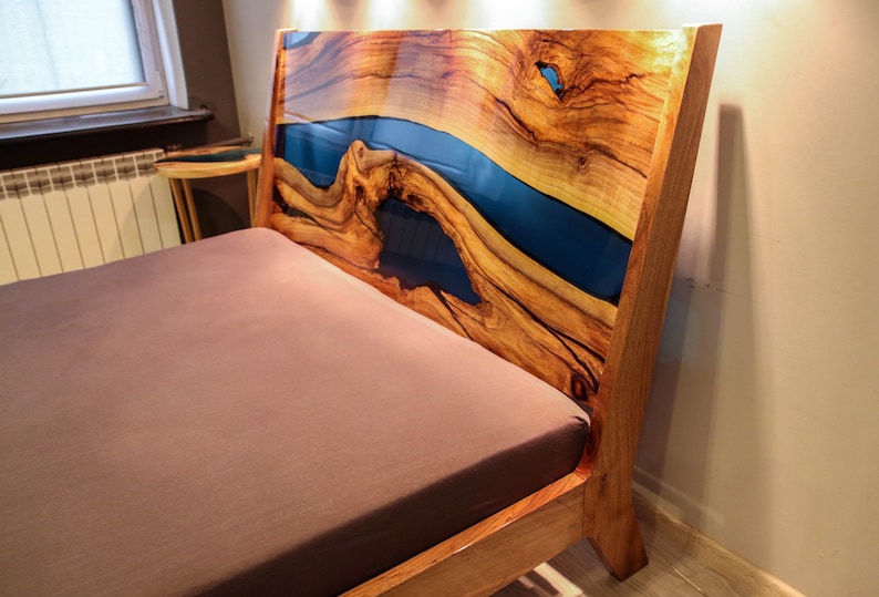 Blue river walnut epoxy queen size bed image 6