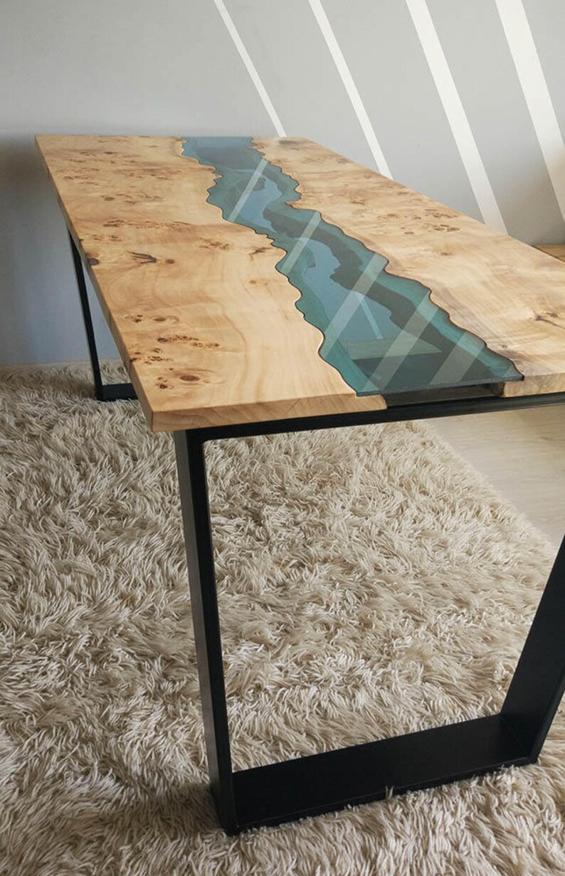Live Edge River Table With Blue Glass River Etsy UK