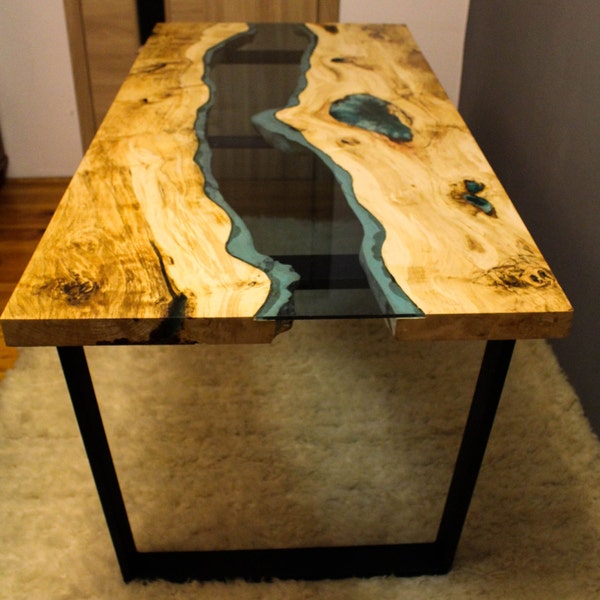 SOLD Live edge river table with with blue epoxy SOLD