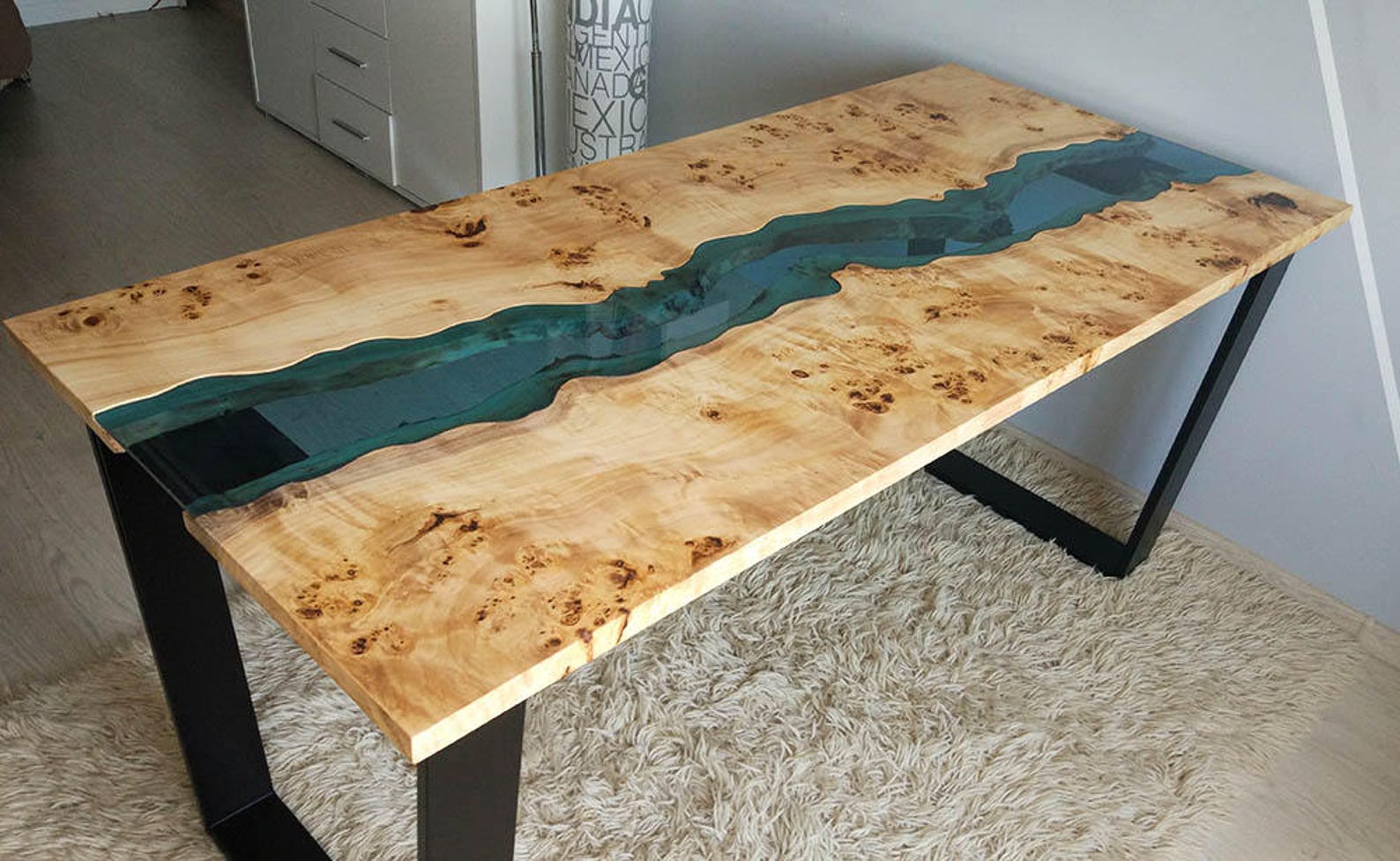 Live Edge River Table With Blue Glass River Etsy UK