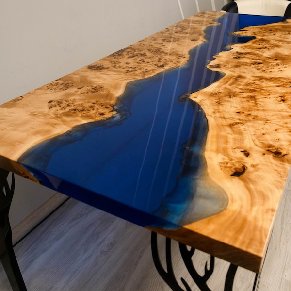 Blue transparent epoxy river Mappa Burl table