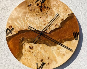 Available! Golden metallic epoxy resin wall clock mappa burl wood modern art clock