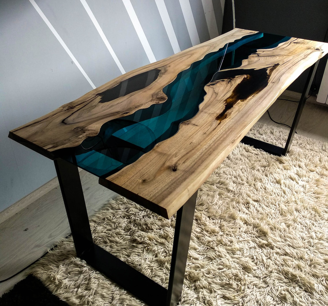 Live Edge Walnut River Table With Black Epoxy Resin Etsy