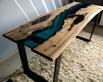 Live edge walnut river table with black epoxy resin