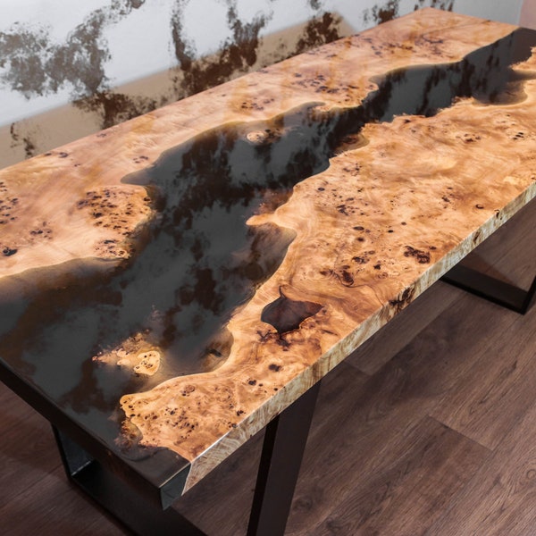 SOLD Black river table with epoxy inlay, mappa burl wood SOLD