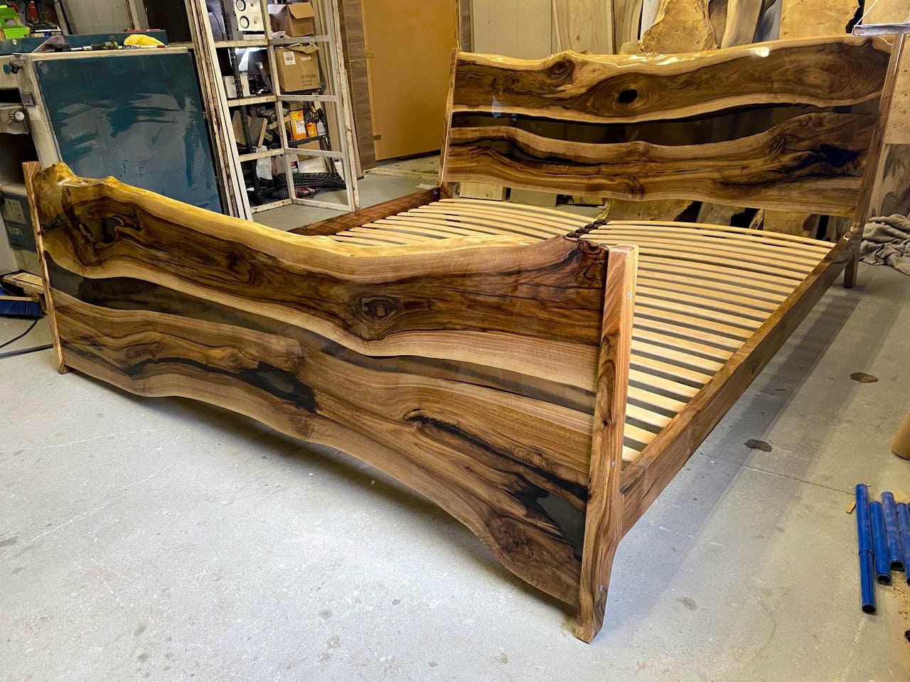 Queen size maple bed frame with live edge headboard by Rosehammer