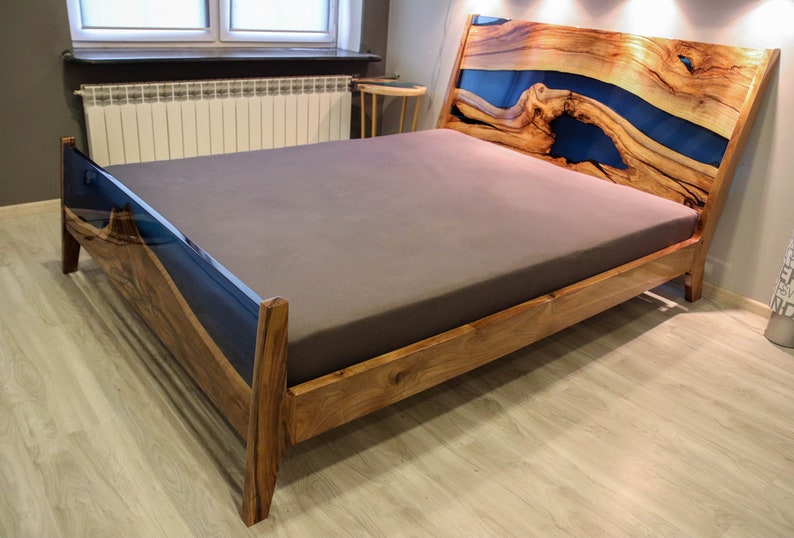 Blue river walnut epoxy queen size bed image 2