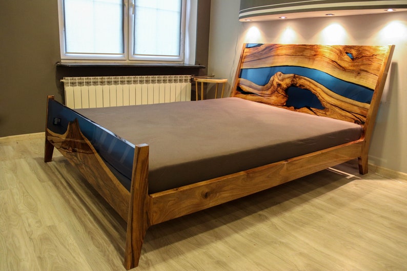 Blue river walnut epoxy queen size bed image 1