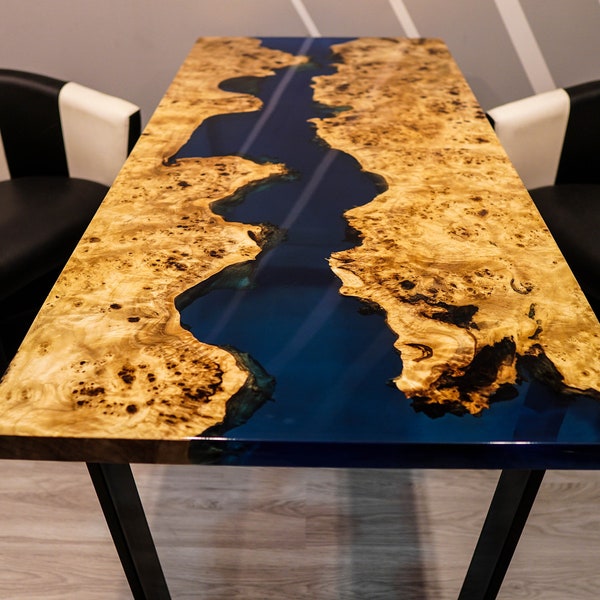 Blue river table with epoxy inlay, exotic mappa burl wood
