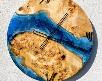 Available! Blue ocean metallic epoxy resin wall clock mappa burl wood modern art clock, foam