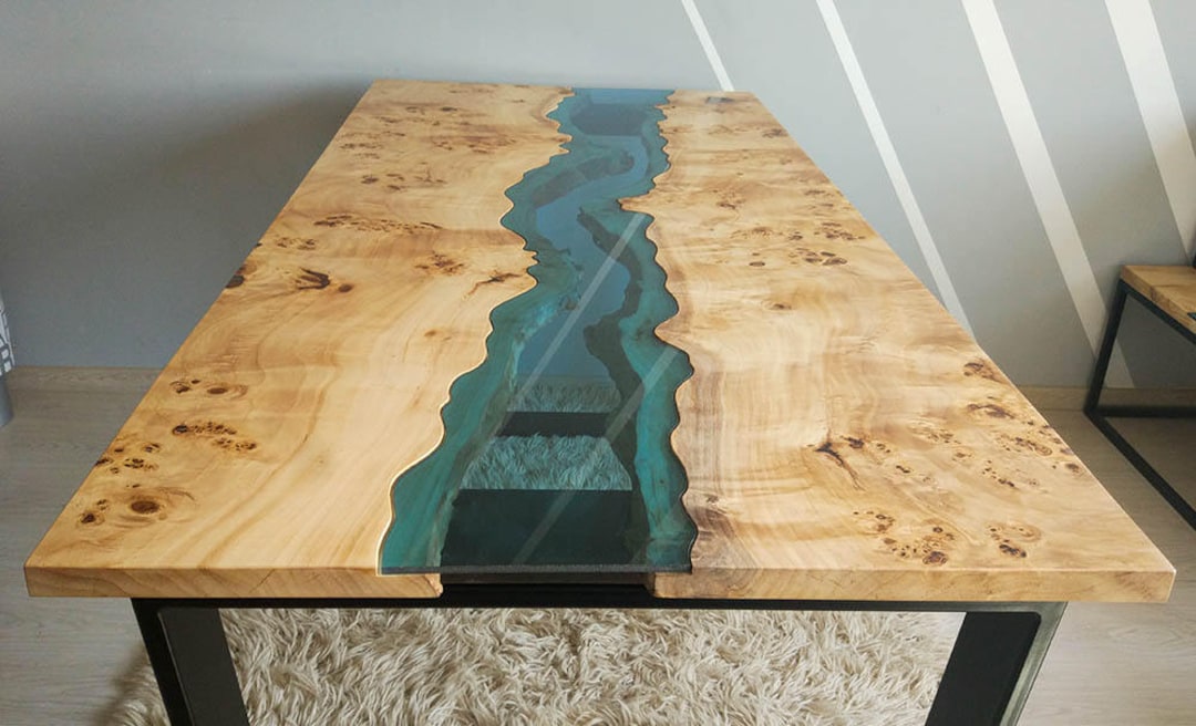 Live Edge River Table With Blue Glass River Etsy UK
