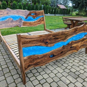 Sold out, Live edge blue ocean river epoxy walnut bed, king size