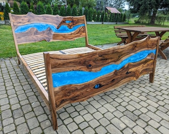 Live edge blue ocean river epoxy walnut bed, king size