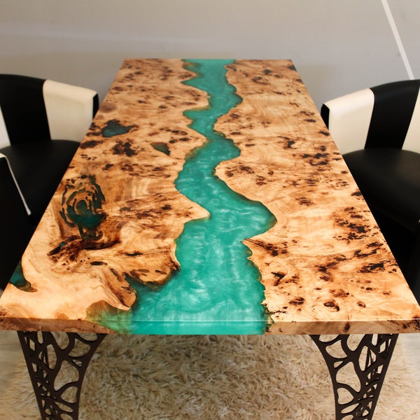Green metallic epoxy river Mappa Burl table