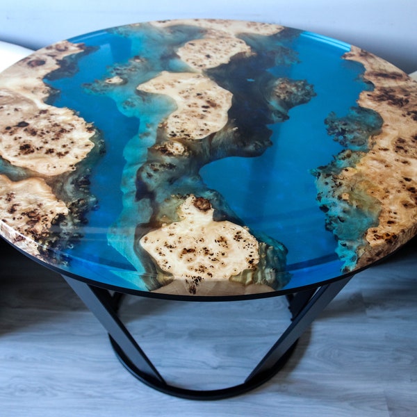 SOLD Light blue round river table with epoxy Mappa Burl epoxy SOLD