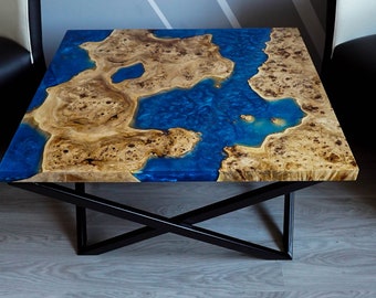 Live edge river metalic blue epoxy coffee table
