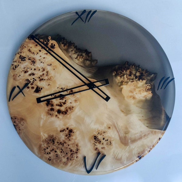 SOLD Black semi-translucent epoxy resin wall clock mappa burl wood SOLD