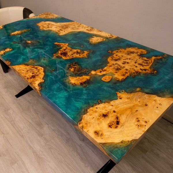 Turquoise archipelago Mappa Burl epoxy resin river table