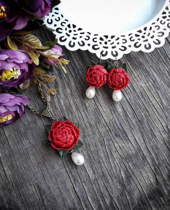 Wedding set red peonies handmade polymer clay Gift for the bride Decoration for the wedding Birthday Christmas Necklace Earrings Bracelet