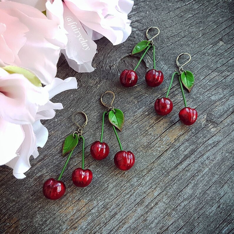 Cherry Earrings. Polymer Clay Earrings. Clay Cherry. Fake Food Etsy
