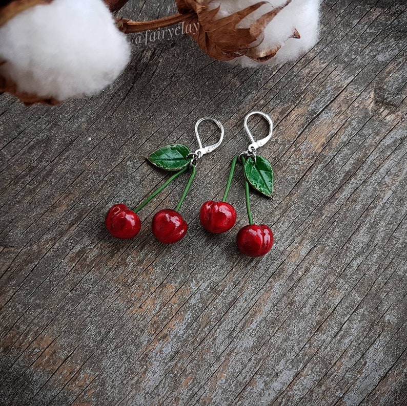 Cherry Earrings. Polymer Clay Earrings. Clay Cherry. Fake Food Etsy