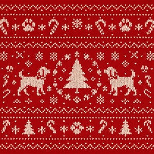 May include: Red Christmas-themed pattern featuring white dogs, Christmas trees, snowflakes, paw prints, and candy canes. The design is a repeating pattern suitable for fabric or holiday-themed products.