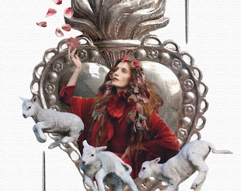 May include: A digital art piece featuring a woman in a red dress and floral crown within a silver heart-shaped frame. Three lambs and two swords are also present. Red rose petals are scattered around the frame, creating a symbolic and artistic composition.