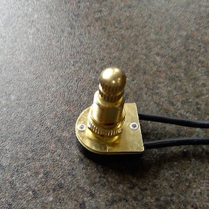 May include: A gold-toned rotary switch with two black wires attached. The switch has a round knob and a rectangular base.