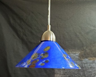 Vintage Blue Art Glass Pendant Brushed Chrome Holder 5' wire w/ Bulb