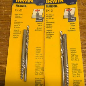 May include: Two yellow and black packaging cards for Irwin Hanson EX-2 spiral screw extractors and drill sets. The cards feature a close-up of the tools, which are silver and have a spiral design. The text on the cards reads "Easy Removal" and includes instructions for removing damaged bolts and screws in English and French.