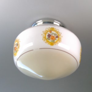 Vintage 1950s Schoolhouse Light: Stenciled Floral Glass Globe