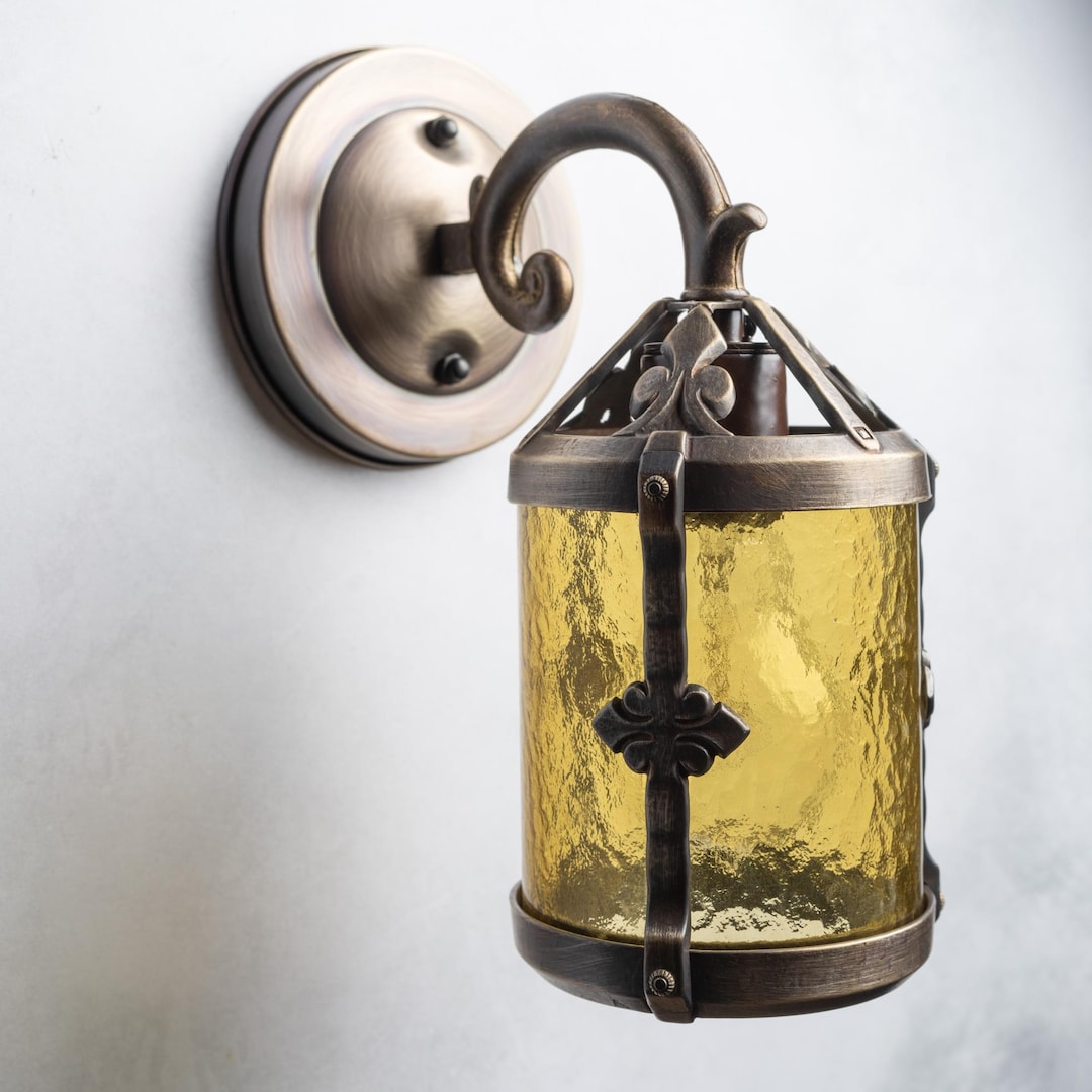 Amber Glass Lantern Wall Sconce Cage ...