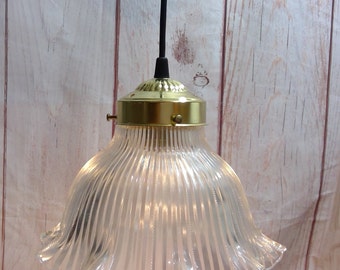 Vintage Holophane Style Ribbed Glass Bell Shade Pendant Fixture Complete