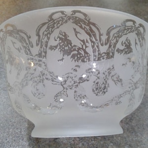 May include: A frosted glass lampshade with a decorative etched design of trees and vines. The design is in a light grey colour.