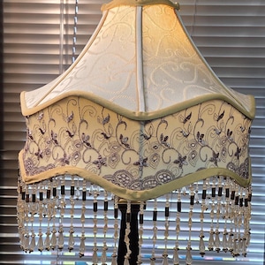 Table or Floor Lamp Cream Color String Beaded Fringe Cloth Table Lamp Shade