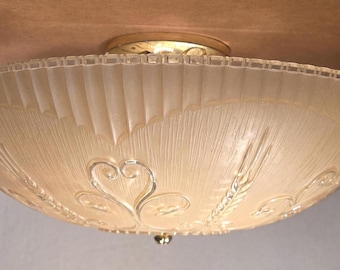 Vintage Tan Etched Dome Flush Mount Shade Light Fixture Hall or Bathroom
