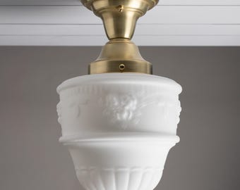 Brass Semi Flush Mount Ceiling Fixture with Frosted Glass Shade Schoolhouse Revival