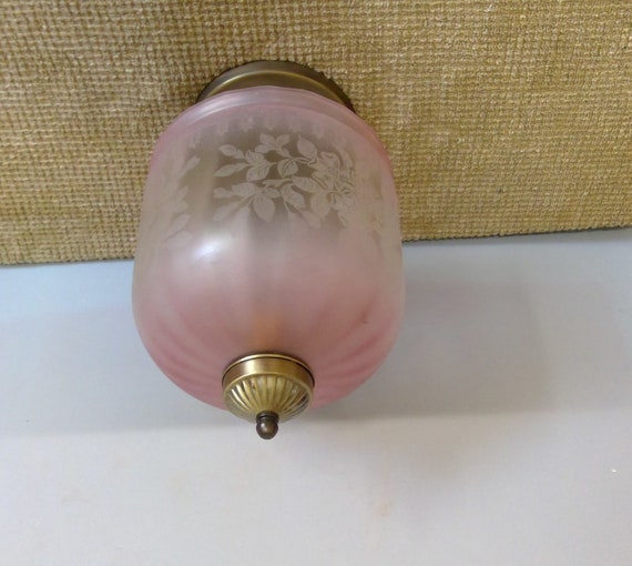 Etched Floral Design Frosted Glass Red Rim Semi Flush Mount Ceiling Fixture