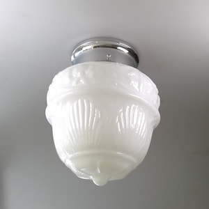 Schoolhouse Style Shade Embossed Decoration 1960&#39;s Look with Flush Mount Light fixture Glass Globe