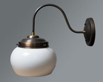 Farmhouse Wall Sconce Gooseneck Lighting Opal Milk Glass Vianne Shade