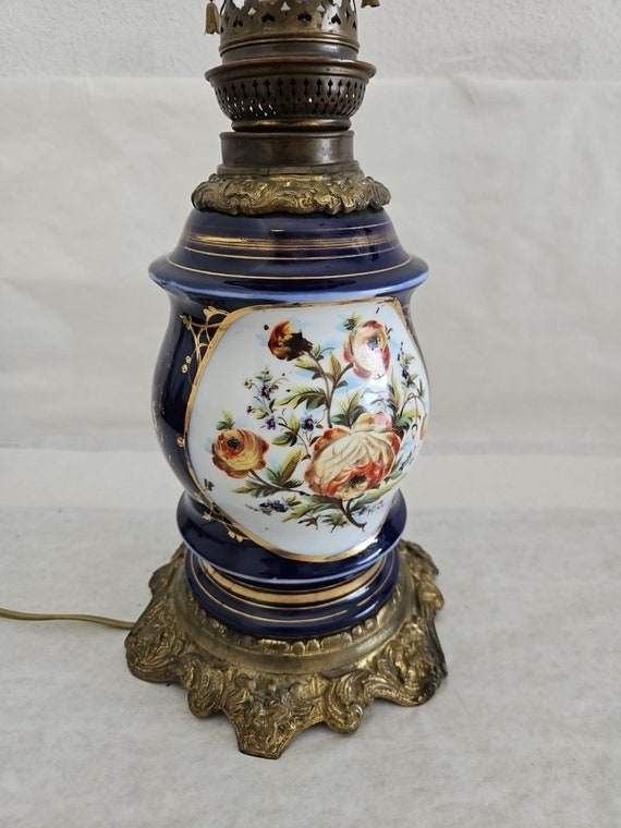 Antique French Bayeux Porcelain Table Oil Lamp Floral Design