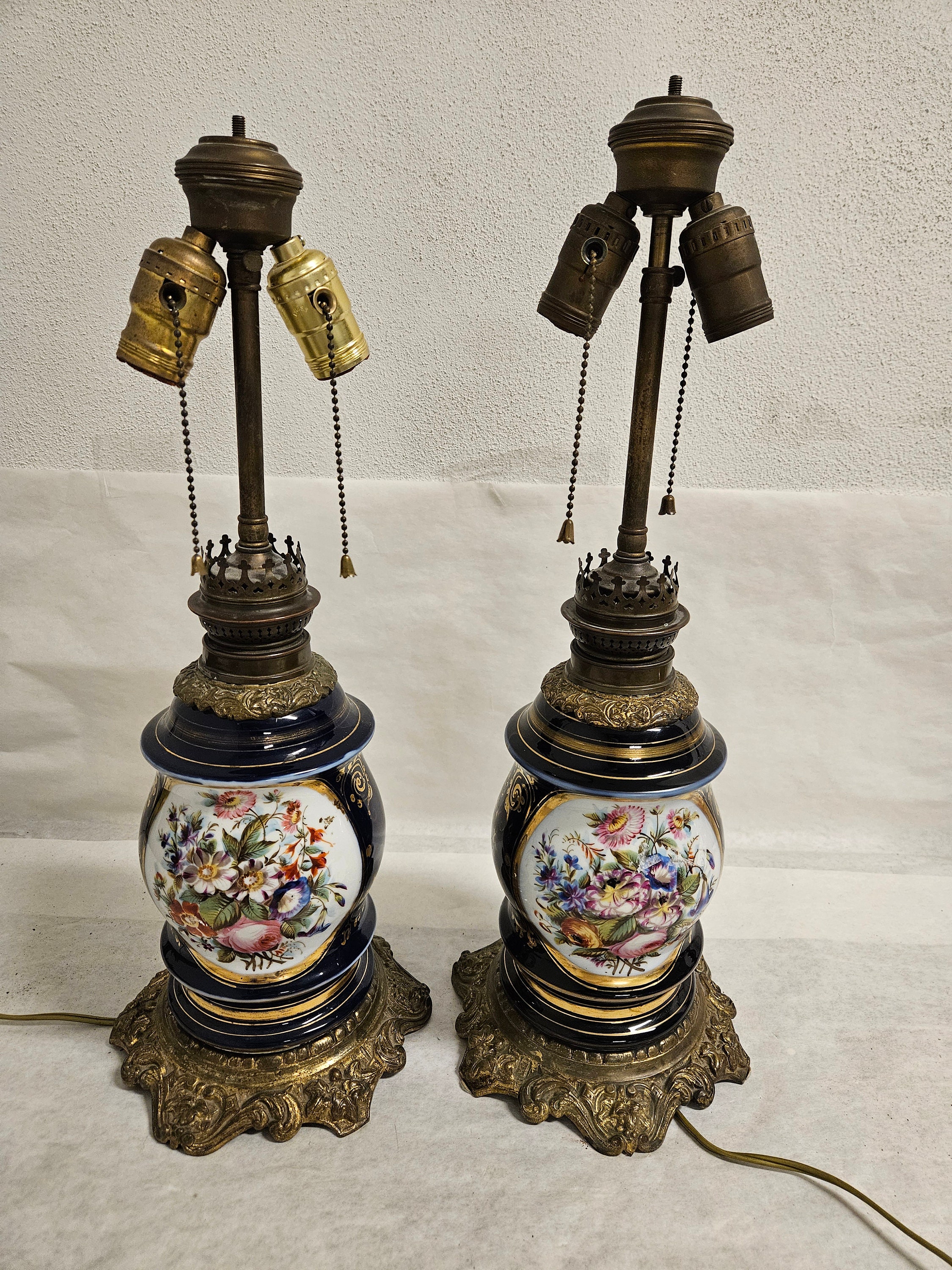 Antique French Bayeux Porcelain Table Oil Lamp Floral Design