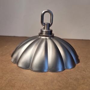 May include: A brushed silver-toned ceiling canopy with a decorative, scalloped edge. It features a metal loop for hanging and a threaded base. The canopy is designed to conceal wiring and attach to the ceiling.