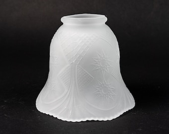 May include: White frosted glass lampshade with a starburst and geometric pattern.