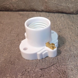 May include: A white light bulb socket with a brass-colored screw and a base with a hole. The socket has a standard screw-in base for light bulbs. The item is made of plastic.
