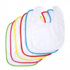 May include: A stack of seven white baby bibs with colorful trim. The bibs have a rounded neckline and are made of soft fabric. The trim colors are green, pink, yellow, red, blue, and light blue.